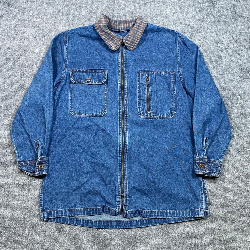 DPS New York Mens Blue Denim Full Zip Work Shirt Plaid Collar Size M 100% Cotton